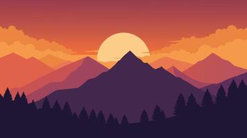 The sky is ablaze with color as the sun sets, creating a breathtaking view of clouds drifting over the mountain range, falt illustration. vector