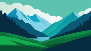 A tranquil mountain valley with a green grassy expanse, framed by towering mountains in the background flat illustration vector