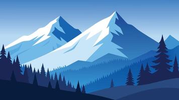 Snow covered trees with majestic mountains in the background, creating a serene winter landscape Flat illustration vector