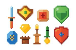 Retro game icons interface set. Weapon, food, item, potion, magic, sword, shield, pixel art flat illustration on white background vector