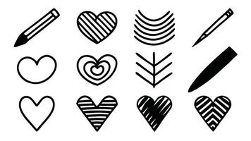 A collection of black and white doodle icons featuring various whimsical designs and playful illustrations set flat on white background vector
