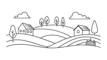 Rural landscape continuous line art isolated on white background. vector