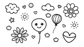 Hand drawn sketch funny cute element flower, cloud, balloon. Doodle line sketch childish element set. Flower, heart, cloud children draw style design elements, flat illustration set. vector
