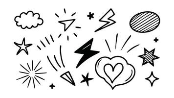 Sketch underline, emphasis, arrow shape set. Hand drawn brush stroke, highlight, speech bubble, underline, sparkle element Hand drawn flat illustration vector