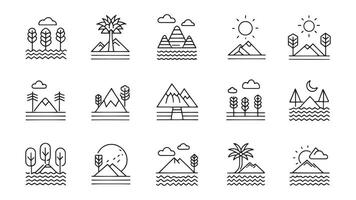 Mountains, trees, and various natural elements in a minimalist design icon set flat illustration on white background. vector