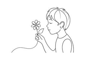 Child smelling flower continuous line art isolated on white background vector