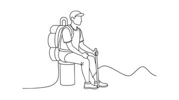 Man traveler with backpack and trekking poles sitting continuous line art isolated on white background. vector