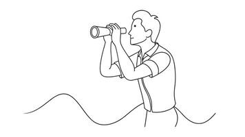 Man looking through binoculars continuous line art isolated on white background vector