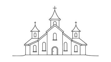 Church continuous line art isolated on white background. vector