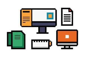 Computer monitor with keyboard, opened application window, directory folder and notepa vector