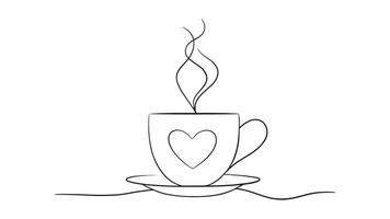 Hot coffee cup with heart shape aroma steam in continuous line art drawing style continuous line art isolated on white background vector