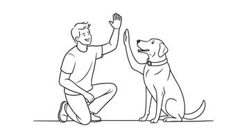 Man high-fiving dog continuous line art isolated on white background vector