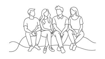 Young people walking together and talking. Group of friends rest and communicate continuous line art isolated on white background vector