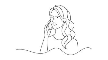 Woman talking on mobile phone continuous line art isolated on white background vector