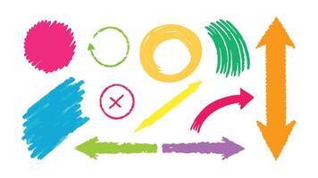 Hand drawn color pencil texture brush stroke element. Children crayon color brush stroke texture arrow, circle, underline shape illustration set on white background. vector