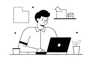 man focused on a laptop analyzing a blueprint showcasing a blend of technology and design in his workspace White background vector