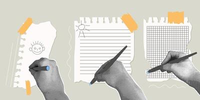 Fancy halftone collage. Set of torn sheets of paper, scotch tape and halftone hands with pen. Modern template for design. vector