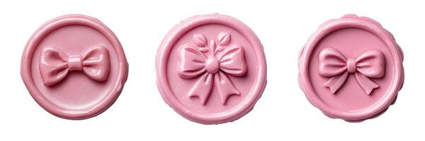 Pink wax seal with a cute bow embossed design, flat lay isolated on a white background, top view photo