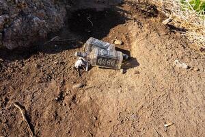 Two empty Jack Daniels bottles, cigarette butts, and other trash litter the sandy beach of Praia da Rocha in Algarve, Portugal, highlighting environmental neglect. photo