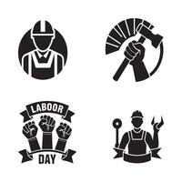 labor day icons set, including a hammer, a pick, and a fist vector