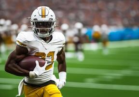 American football player in helmet with glass and gold and white uniform runs with ball in right hand photo