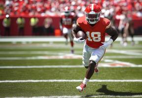American football player wearing a helmet with glass and a red and white uniform runs with a ball in his right hand photo