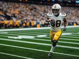 American football player in white and yellow uniform runs with ball in his right hand during match against background of stands photo