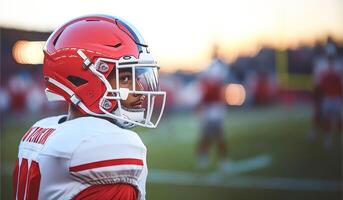 American football player in red and white uniform and helmet with glass stands sideways photo