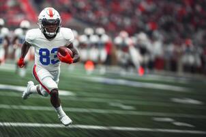 American football player wearing helmet with glass and white uniform runs with ball in his left hand during match photo