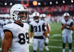 American football player in white uniform stands on the field with his team during a match photo