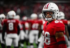 American football player in white helmet and red uniform standing and looking to the left photo