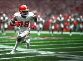 American football player in red helmet and white uniform running with ball photo