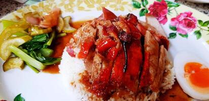 Grilled or Roasted duck on white rice with red sweet sauce, half of boiled duck egg and Pickles vegetable on white plate. Selective focus and Thai local food concept. photo
