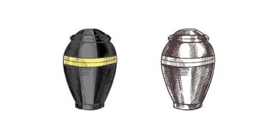 Hand drawn sketch of burial urn with ashes. Funeral service hand drawn design. Sketch illustration for condolence card. Last farewell for dead person vector