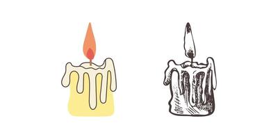 Flat and sketch style sketch of burning candle. . Halloween or Christmas drawing. vector