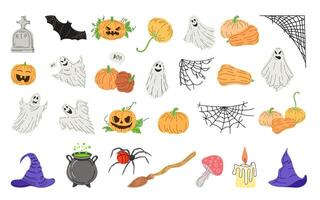 Big set of halloween elements in flat style. Design of ghost, creepy and spooky elements for halloween decorations, sketch, icon. Hand drawn isolated on white background. vector