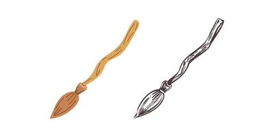 Flat and sketch style magic broom. Element of witchcraft. Symbol of magic. A vehicle for the witch. Broomstick or print for Halloween or all saints ' day. vector
