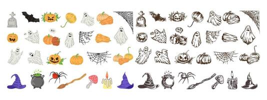 Big set of halloween elements in flat style. Design of ghost, creepy and spooky elements for halloween decorations, sketch, icon. Hand drawn isolated on white background. vector