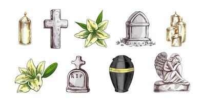 Hand drawn set for Funeral service. illustration. Attributes and symbols of condolence, loss, dead, bereavement and cemetry. vector