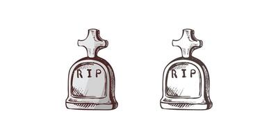 Old hand drawn murble stone tombstone with christian cross and title R.I.P. Rest in peace drawing illustration for funeral service, card or last farewell card. Sketch of grave or cemetery vector