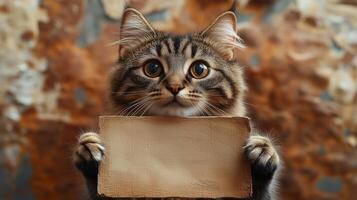 Cute tabby cat holding empty cardboard sign with space for text photo