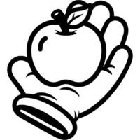 Hand of gardener treats with an apple lying in palm in monochrome. Simple minimalistic in black ink drawing on white background vector