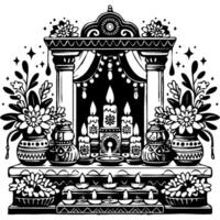 Indian altar decorated with flowers and candles in monochrome. Simple minimalistic in black ink drawing on white background vector