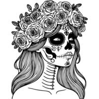 Woman face is drawn with skeleton and roses wreath. Skull is surrounded by roses and leaves in monochrome. Simple minimalistic in black ink drawing on white background vector