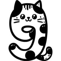 Number nine, 9 in cat style in monochrome. Simple minimalistic in black ink drawing on white background vector
