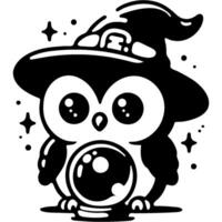 Owl in sorceress hat looking into crystal ball, front view in monochrome. Simple minimalistic in black ink drawing on white background vector