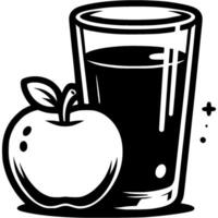 Glass of freshly squeezed apple juice and a whole apple for breakfast in monochrome. Simple minimalistic in black ink drawing on white background vector