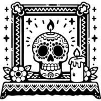 Symbolic Mexican altar with flowers frame sugar skull and burning candle in monochrome. Simple minimalistic in black ink drawing on white background vector