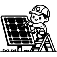 Construction worker installing electric solar panel in monochrome. Simple minimalistic in black ink drawing on white background vector