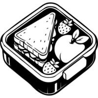 Student lunch box with triangular sandwich and fruit in monochrome. Simple minimalistic in black ink drawing on white background vector